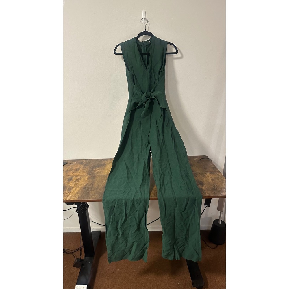 Mango Forest Green Sleeveless Wide Leg Tie Waist V-Neck Jumpsuit Size Small